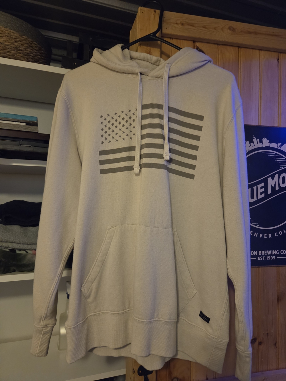 Lucky Brand Cream Hoodie with Gray Flag Graphic